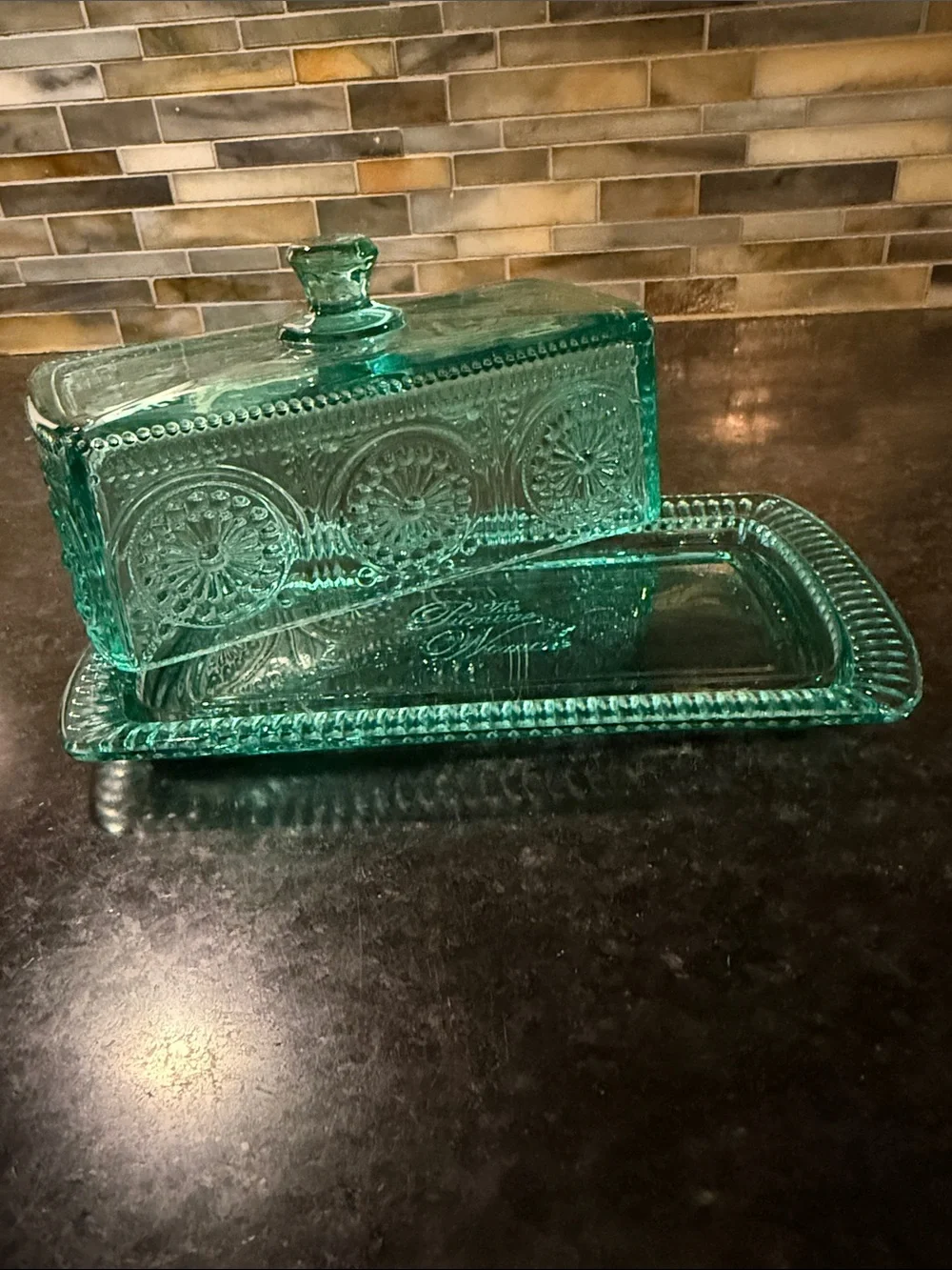 The Pioneer Woman Adeline Teal Glass Butter Dish Embossed Vintage Style